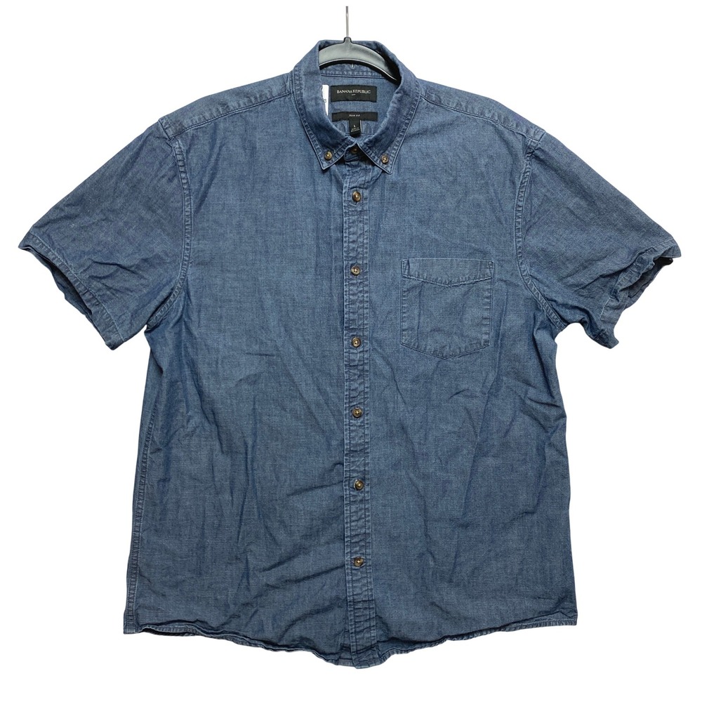 Banana Republic Shirt Mens Large Blue Short Sleeve Slim Fit Chambray Button Up